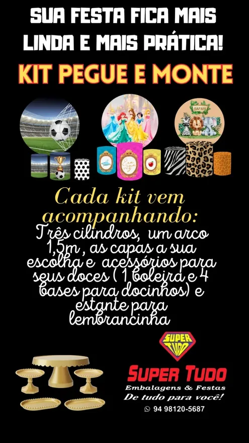 Arte da loja mostrando o Kit Pegue e Monte com painéis de futebol, princesas e safari