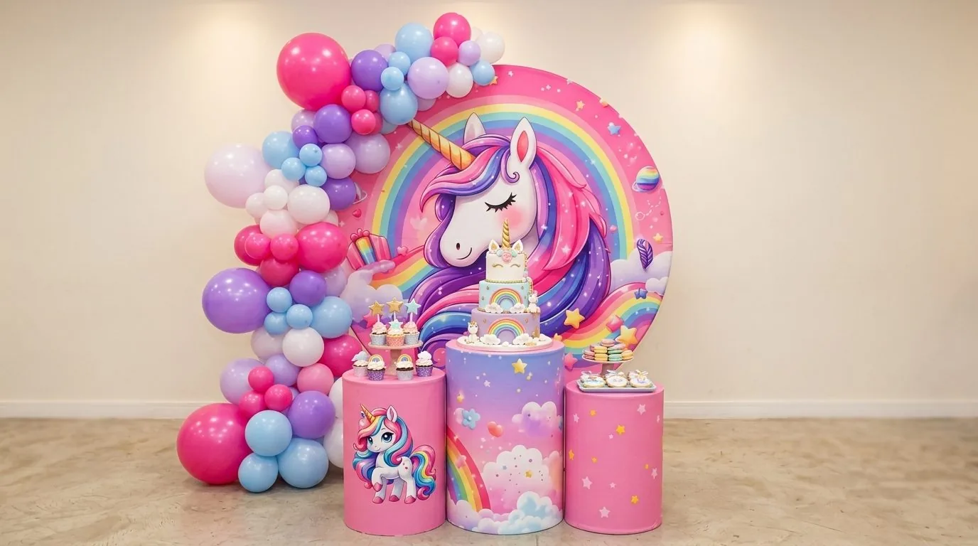 Decoração de festa com painel de unicórnio, cilindros rosa e arco de balões